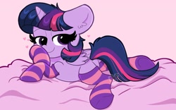 Size: 2048x1280 | Tagged: safe, artist:kittyrosie, twilight sparkle, alicorn, pony, g4, blanket, clothes, cute, ear fluff, female, heart, looking at you, lying down, mare, pink background, prone, simple background, socks, solo, stockings, striped socks, thigh highs, twiabetes, twilight sparkle (alicorn)