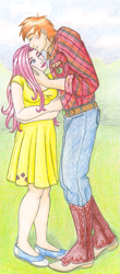 Size: 499x1134 | Tagged: safe, artist:kankurounokugutsu, big macintosh, fluttershy, human, g4, boots, clothes, cowboy boots, dress, eyes closed, female, forehead kiss, height difference, humanized, jeans, kissing, lipstick, male, one eye closed, pants, plaid shirt, ship:fluttermac, shipping, shirt, shoes, straight, traditional art