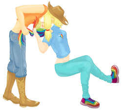 Size: 753x678 | Tagged: safe, artist:kankurounokugutsu, applejack, rainbow dash, human, g4, boots, clothes, cowboy boots, cowboy hat, female, hair pulling, hat, humanized, jeans, kissing, lesbian, midriff, pants, ship:appledash, shipping, shoes, simple background, transparent background