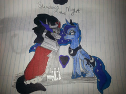 Size: 2448x1836 | Tagged: safe, artist:princess-night-luna, artist:xxspeedboltxx, king sombra, princess luna, alicorn, pony, unicorn, g4, female, heart, looking at each other, male, ship:lumbra, shipping, sitting, straight, traditional art