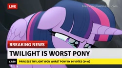 Size: 717x402 | Tagged: safe, edit, edited screencap, screencap, twilight sparkle, alicorn, pony, g4, my little pony: the movie, /mlp/, 4chan, abuse, alicorn drama, background pony strikes again, break your own news, breaking news, crying, drama, op is a duck, op is wrong, op isn't even trying anymore, op wants attention, poll, twilight sparkle (alicorn), twilybuse, worst pony
