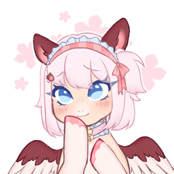 Size: 1000x1000 | Tagged: safe, artist:php172, oc, oc only, oc:sakura, pegasus, pony, bell, blushing, bow, collar, female, food, hair bow, mare, ponytail, simple background, strawberry, wings