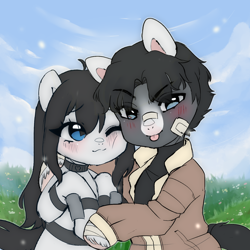 Size: 1500x1500 | Tagged: safe, artist:stablegrass, oc, oc only, oc:milly, oc:rowan, bandage, blushing, clothes, collar, couple, exo-suit, female, field, hug, male, mare, smiling, stallion, sweater, tongue out, turtleneck