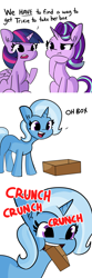 Size: 2250x6750 | Tagged: safe, artist:tjpones edits, edit, editor:i-shooped-a-pwny, part of a set, starlight glimmer, trixie, twilight sparkle, alicorn, pony, unicorn, g4, box, bust, comic, cute, dialogue, diatrixes, eating, everything is fixed, female, hoof on chin, mare, onomatopoeia, pica, simple background, sitting, solo, that was easy, trixie's pills, twilight sparkle (alicorn), wat, white background