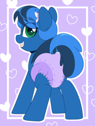 Size: 2804x3704 | Tagged: safe, artist:partypievt, oc, oc only, oc:midnight shadows, butterfly, earth pony, pony, abdl, adult foal, diaper, diaper fetish, facing away, female, fetish, high res, looking at you, looking back, looking back at you, non-baby in diaper, open mouth, simple background, smiling, smiling at you, solo