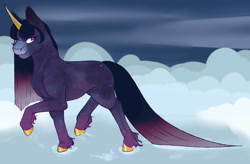 Size: 3042x2000 | Tagged: safe, artist:onouvan, oc, oc only, oc:sparkly, pony, unicorn, cloud, digital art, female, high res, hooves, horn, looking at you, mare, smiling, solo, tail, walking