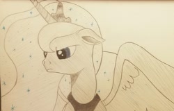 Size: 1909x1220 | Tagged: safe, artist:polar_storm, princess luna, alicorn, pony, g4, angry, blue eyes, female, frown, mare, monochrome, partial color, simple background, solo, traditional art, white background