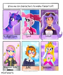 Size: 817x977 | Tagged: safe, artist:viktoriazanoni, twilight sparkle, gem (race), human, pony, unicorn, g4, bust, clothes, crossover, crown, default spinel, entrapta, female, gem, glasses, gloves, goggles, headphones, jewelry, little witch academia, long gloves, lotte jansson, mare, megurine luka, one eye closed, princess peach, regalia, she-ra and the princesses of power, six fanarts, smiling, spinel, spinel (steven universe), split screen, spoilers for another series, steven universe, steven universe: the movie, super mario bros., unicorn twilight, vocaloid, wink