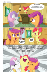 Size: 3555x5388 | Tagged: safe, artist:biocrine, apple bloom, scootaloo, sweetie belle, earth pony, pegasus, pony, unicorn, g4, the last crusade, bipedal, buzzing wings, clubhouse, comic, crusaders clubhouse, cutie mark crusaders, eyes closed, female, filly, group hug, hug, one eye closed, open mouth, trio, unshorn fetlocks, wings