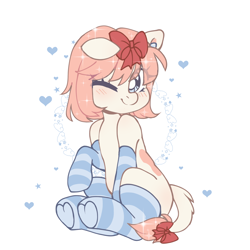 Size: 2000x2000 | Tagged: safe, artist:stablegrass, oc, oc only, oc:iwa, cow, cow pony, blushing, clothes, female, high res, horn, mare, raised hoof, simple background, sitting, smiling, socks, sparkles, striped socks, thigh highs, winking at you