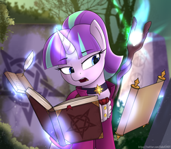 Size: 5000x4340 | Tagged: safe, artist:felixf, starlight glimmer, pony, unicorn, g4, absurd resolution, book, choker, clothes, female, glowing horn, horn, quill, s5 starlight, scroll, solo, staff, staff of sameness