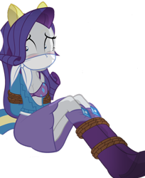 Size: 1312x1611 | Tagged: safe, artist:radiantrealm, edit, rarity, equestria girls, g4, arm behind back, background removed, blushing, bondage, boots, bound and gagged, bra, breasts, busty rarity, cloth gag, clothes, fake ears, fake tail, female, femsub, gag, over the nose gag, rarisub, rope, rope bondage, shoes, solo, submissive, sweater, tied up, torn clothes, underwear, wide eyes, wondercolts