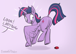 Size: 3508x2480 | Tagged: dead source, safe, artist:kozachokzrotom, twilight sparkle, alicorn, insect, ladybug, pony, g4, butt, coccinellidaephobia, fear, featureless crotch, female, high res, horn, mare, plot, solo, twibutt, twilight hates ladybugs, twilight sparkle (alicorn), wings