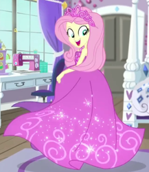 Size: 428x493 | Tagged: safe, screencap, fluttershy, costume conundrum, costume conundrum: rarity, equestria girls, g4, my little pony equestria girls: better together, bare shoulders, beautiful, clothes, cropped, dress, female, flutterbeautiful, gown, princess costume, princess fluttershy, sleeveless, solo, strapless, twirl