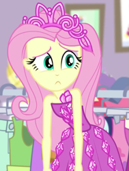 Size: 451x598 | Tagged: safe, screencap, fluttershy, costume conundrum, costume conundrum: rarity, equestria girls, g4, my little pony equestria girls: better together, bare shoulders, confused, cropped, female, princess fluttershy, sleeveless, solo, strapless
