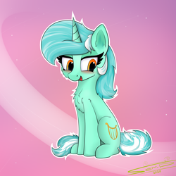 Size: 4000x4000 | Tagged: safe, artist:ser-p, lyra heartstrings, pony, unicorn, g4, abstract background, absurd resolution, blushing, chest fluff, cute, ear fluff, female, lyrabetes, mare, open mouth, signature, sitting, solo