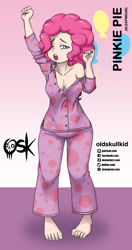 Size: 984x1860 | Tagged: safe, alternate version, artist:oldskullkid, part of a set, pinkie pie, human, g4, barefoot, breasts, busty pinkie pie, cleavage, clothes, feet, female, humanized, pajamas, solo