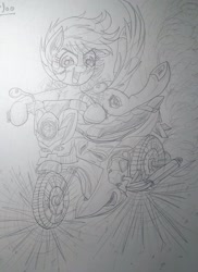 Size: 1842x2532 | Tagged: safe, scootaloo, pegasus, pony, g4, female, motorcycle, sketch, solo, traditional art