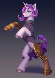 Size: 2480x3508 | Tagged: safe, artist:shiimosa, rarity, pony, unicorn, g4, alternate design, alternate hairstyle, amputee, clothes, female, gradient background, high res, mare, prosthetic limb, prosthetics, shirt, simple background, solo, steampunk, watermark