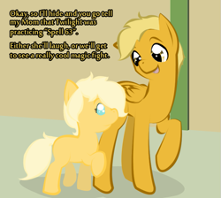 Size: 689x617 | Tagged: safe, artist:askmerriweatherauthor, oc, oc:eensy, oc:meadow lark (ask merriweather), earth pony, pegasus, pony, ask merriweather, baby, baby pony, colt, male