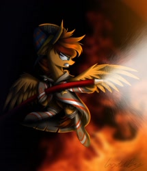 Size: 1280x1485 | Tagged: safe, artist:crystalbay, oc, oc only, oc:flight fire, pegasus, pony, angry, appreciation, birthday present, confident, cool, courage, darkness, determined, fierce, fight, fire, firefighter, firepony, first responder, hose, lieutenant, saving, solo, spray, water