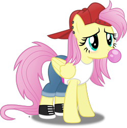Size: 3437x3451 | Tagged: safe, artist:anime-equestria, gameloft, fluttershy, pegasus, pony, g4, '90s, 90s grunge fluttershy, alternate hairstyle, backwards ballcap, baseball cap, blowing, bubblegum, cap, clothes, cute, ear piercing, female, food, gameloft interpretation, gum, hat, high res, mare, piercing, shirt, shoes, shorts, shy, shyabetes, simple background, sneakers, solo, tank top, transparent background, wings