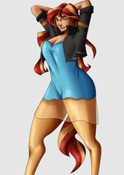 Size: 2480x3508 | Tagged: safe, artist:nire, sunset shimmer, satyr, g4, bedroom eyes, breasts, busty sunset shimmer, cleavage, clothes, curvy, dress, female, hands on head, high res, jacket, leather jacket, looking at you, satyrized, see-through, short dress, smiling, smiling at you, solo, tail, thick, tight clothing, wide hips