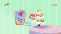 Size: 1024x576 | Tagged: safe, screencap, octavio pie, pinkie pie, earth pony, pony, g4.5, my little pony: pony life, pie vs. pie, cake, cupcake, dough-cup-pop, female, food, solo, tiny pop, title card