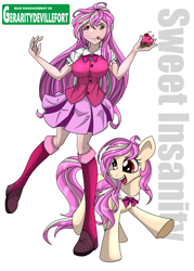 Size: 2000x2800 | Tagged: safe, artist:geraritydevillefort, oc, oc only, oc:sweet insanity, human, pony, anime, cupcake, derp, food, high res, human ponidox, humanized, self ponidox, solo