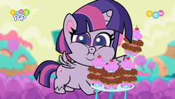 Size: 1024x576 | Tagged: safe, screencap, twilight sparkle, alicorn, pony, g4.5, my little pony: pony life, pie vs. pie, chubby cheeks, cupcake, cute, donut, dough-cup-pop, eating, fat, female, food, looking at you, mare, tiny pop, twiabetes, twilard sparkle, twilight sparkle (alicorn)