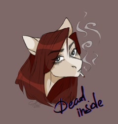 Size: 1968x2061 | Tagged: safe, artist:coffeez, oc, oc only, oc:coffeez, earth pony, pony, bust, cigarette, dead inside, earth pony oc, female, high res, looking at you, mare, sad, smoking, solo