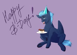 Size: 2560x1840 | Tagged: safe, artist:coffeez, oc, oc only, oc:vittel bone, pegasus, pony, birthday, cake, food, looking at you, open mouth, pegasus oc, solo, wings