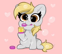 Size: 1700x1500 | Tagged: safe, artist:kittyrosie, derpy hooves, pegasus, pony, g4, blushing, bubble, bubble wand, chest fluff, cute, derpabetes, female, heart bubbles, heart eyes, mouth hold, simple background, sitting, smiling, soap bubble, solo, wingding eyes