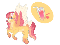 Size: 2000x1500 | Tagged: safe, artist:uunicornicc, oc, oc only, oc:strawberry sunrise, pony, colored wings, female, flower, flower in hair, mare, multicolored wings, offspring, parent:flash sentry, parent:sunset shimmer, parents:flashimmer, simple background, solo, tail feathers, white background, wings