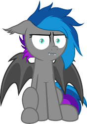Size: 1340x1899 | Tagged: safe, artist:sakurastageani, editor:bnau, oc, oc only, oc:lyssa, bat pony, pony, :i, base used, bat wings, ear fluff, fangs, female, floppy ears, i mean i see, looking at you, simple background, sitting, solo, transparent background, wings