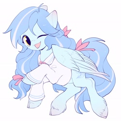 Size: 2048x2048 | Tagged: safe, artist:amo, oc, oc only, pegasus, pony, clothes, high res, one eye closed, raised hoof, simple background, solo, unshorn fetlocks, white background, wink