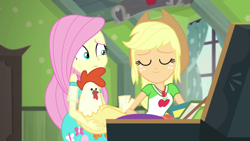 Size: 1920x1080 | Tagged: safe, screencap, applejack, fluttershy, bird, chicken, costume conundrum, costume conundrum: applejack, equestria girls, equestria girls series, g4, spoiler:choose your own ending (season 2), spoiler:eqg series (season 2), applejack's hat, cowboy hat, cute, eyes closed, female, geode of super strength, hat, jackabetes, magical geodes