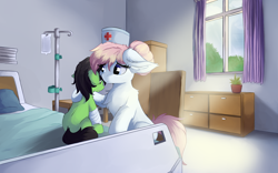 Size: 8000x5000 | Tagged: safe, artist:lunar froxy, nurse redheart, oc, earth pony, pony, unicorn, fanfic:trust once lost, g4, bed, broken leg, cast, comforting, cover art, cute, duo, fanfic art, female, filly, foal, hat, hospital, hospital bed, hurt/comfort, injured, mare, missing cutie mark, nurse, nurse hat, panic, panic attack, panicking, pillow, scared, self insert