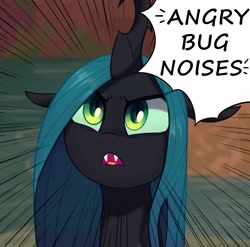 Size: 3200x3163 | Tagged: safe, alternate version, artist:maren, queen chrysalis, changeling, changeling queen, g4, angry, angry horse noises, bugs doing bug things, cute, cutealis, descriptive noise, female, frown, glare, high res, horse noises, looking at you, looking up, madorable, motion lines, open mouth, queen chrysalis is not amused, scene interpretation, solo, text, unamused