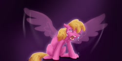 Size: 1280x640 | Tagged: safe, artist:shaslan, cherry berry, earth pony, pegasus, pony, g4, crying, eyes closed, female, open mouth, solo, wings