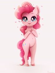 Size: 2413x3217 | Tagged: safe, artist:miokomata, pinkie pie, earth pony, pony, g4, bipedal, blushing, chest fluff, colored hooves, cute, diapinkes, ear fluff, female, heart, high res, looking at you, mare, neck fluff, open mouth, smiling, solo, standing on two hooves