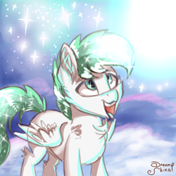 Size: 1024x1024 | Tagged: safe, oc, oc:dreamer skies, pegasus, pony, cloud, dream, dreamy, goofy, happy, on a cloud, open mouth, pegasus oc, quick draw, sketch, sky, standing on a cloud, stars, tongue out, wings