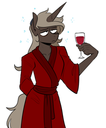 Size: 740x895 | Tagged: safe, artist:redxbacon, oc, oc only, oc:parch well, unicorn, anthro, alcohol, anthro oc, clothes, explicit source, female, glass, horn, mare, robe, simple background, solo, unicorn oc, white background, wine, wine glass