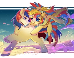 Size: 2048x1603 | Tagged: safe, artist:九枭, oc, oc only, oc:wkirin, alicorn, pony, unicorn, blushing, bow, broken horn, female, flying, horn, looking at each other, male, sky, stars, straight