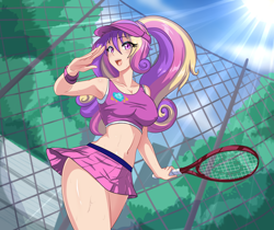 Size: 2290x1920 | Tagged: safe, artist:thebrokencog, princess cadance, human, adorasexy, anime, belly button, breasts, cleavage, clothes, commission, crepuscular rays, cute, cutedance, cutie mark, cutie mark on clothes, female, fence, humanized, open mouth, schrödinger's pantsu, sexy, skirt, solo, sports, sports bra, sports skirt, sun, sweat, tennis, tennis racket, visor, wristband