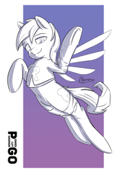 Size: 2480x3496 | Tagged: safe, artist:madgehog, rainbow dash, pegasus, pony, g4, bottomless, clothes, dressup, female, grayscale, happy, high res, lineart, looking at you, mare, monochrome, partial nudity, pokémon, socks, stockings, team rocket, thigh highs, underhoof