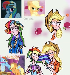 Size: 2472x2662 | Tagged: safe, artist:citi, edit, edited screencap, screencap, applejack, rainbow dash, human, g4, make new friends but keep discord, newbie dash, simple ways, apple, card game, clothes, cropped, crying, crying on the outside, ear piercing, food, freckles, goggles, high res, humanized, nose blowing, piercing, rainbow fash, scene interpretation, screencap reference, uniform, wonderbolts uniform