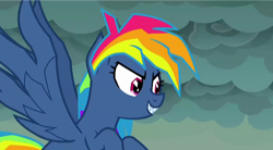 Size: 720x397 | Tagged: safe, screencap, rainbow dash, pegasus, pony, g4, secrets and pies, adorapiehater, animation error, cute, dashabetes, evil pie hater dash, fangs, female, layering error, looking at something, overcast, smiling, solo