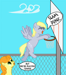 Size: 526x598 | Tagged: safe, artist:rydel, carrot top, derpy hooves, golden harvest, g4, basketball, epic fail, fail, slam dunk, sports, tennis, you're doing it wrong