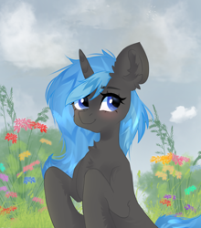 Size: 2372x2700 | Tagged: safe, oc, oc only, oc:nappy, pony, unicorn, blushing, chest fluff, cute, flower, high res, smiling, solo, trans female, transgender